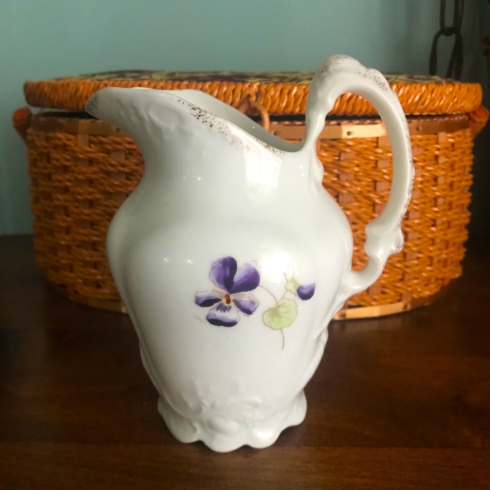 Vintage 1970s Porcelain Violet Pansy Pitcher Vase